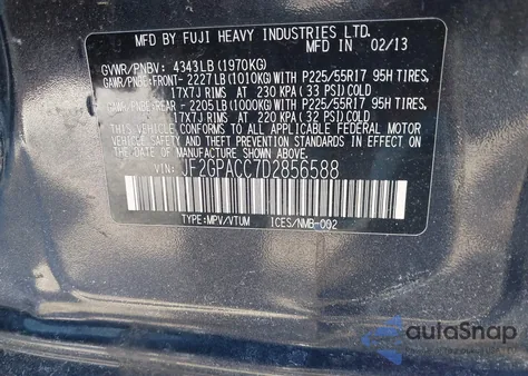 2013 Subaru Xv Crosstrek 2.0I Premium z USA, uszkodzony, nr VIN JF2GPACC7D2856588